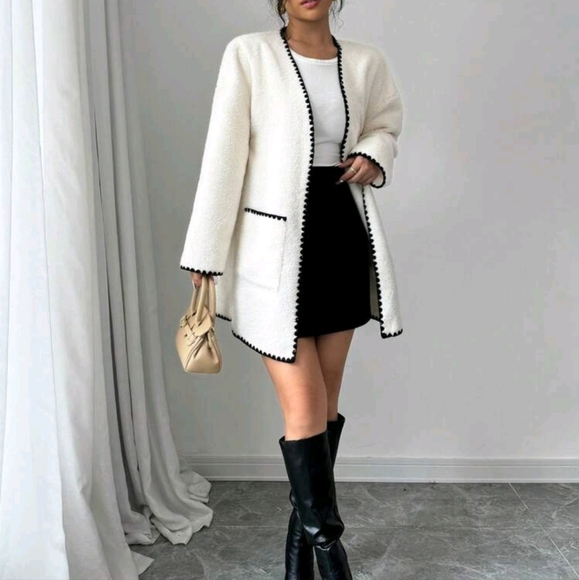 Women's Elegant Solid Color Contrast Trim V-Neck Jacket - Picture 2 of 4